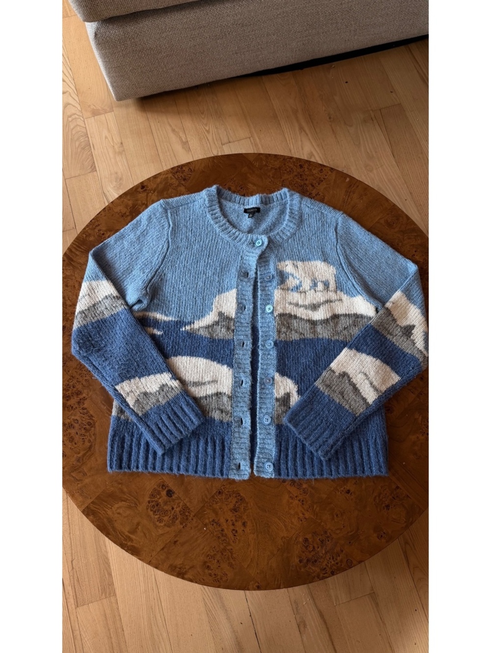 Talbots Blue Wool Polar Bear Blend Cardigan Sweater with Scenic Pattern